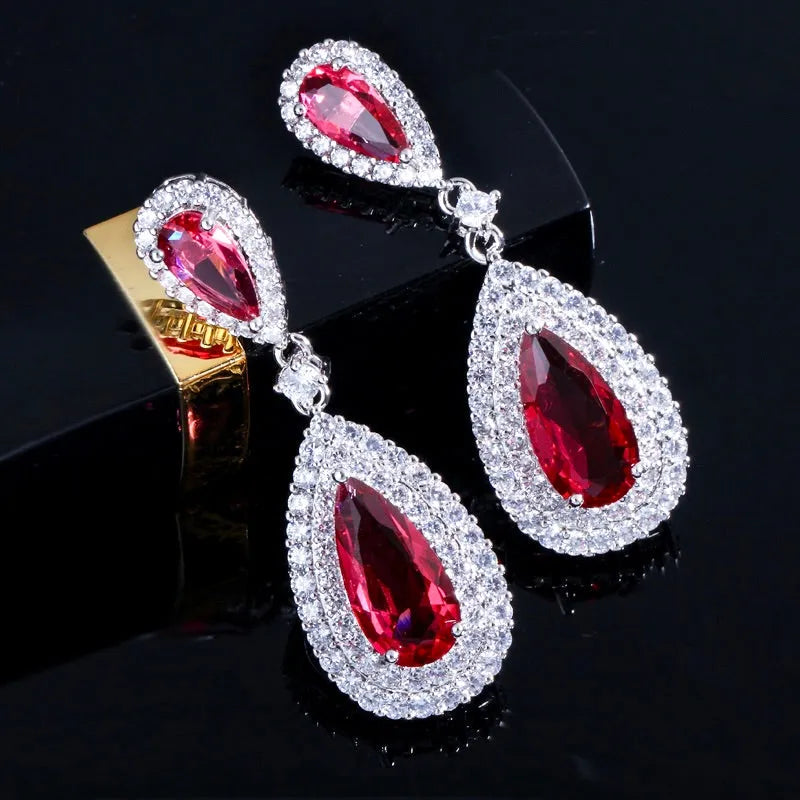 Teardrop Halo CZ Bridal Earrings - Clear, Blue & Red | Wedding Jewelry