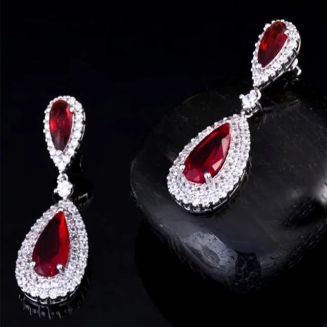 Teardrop Halo CZ Bridal Earrings - Clear, Blue & Red | Wedding Jewelry
