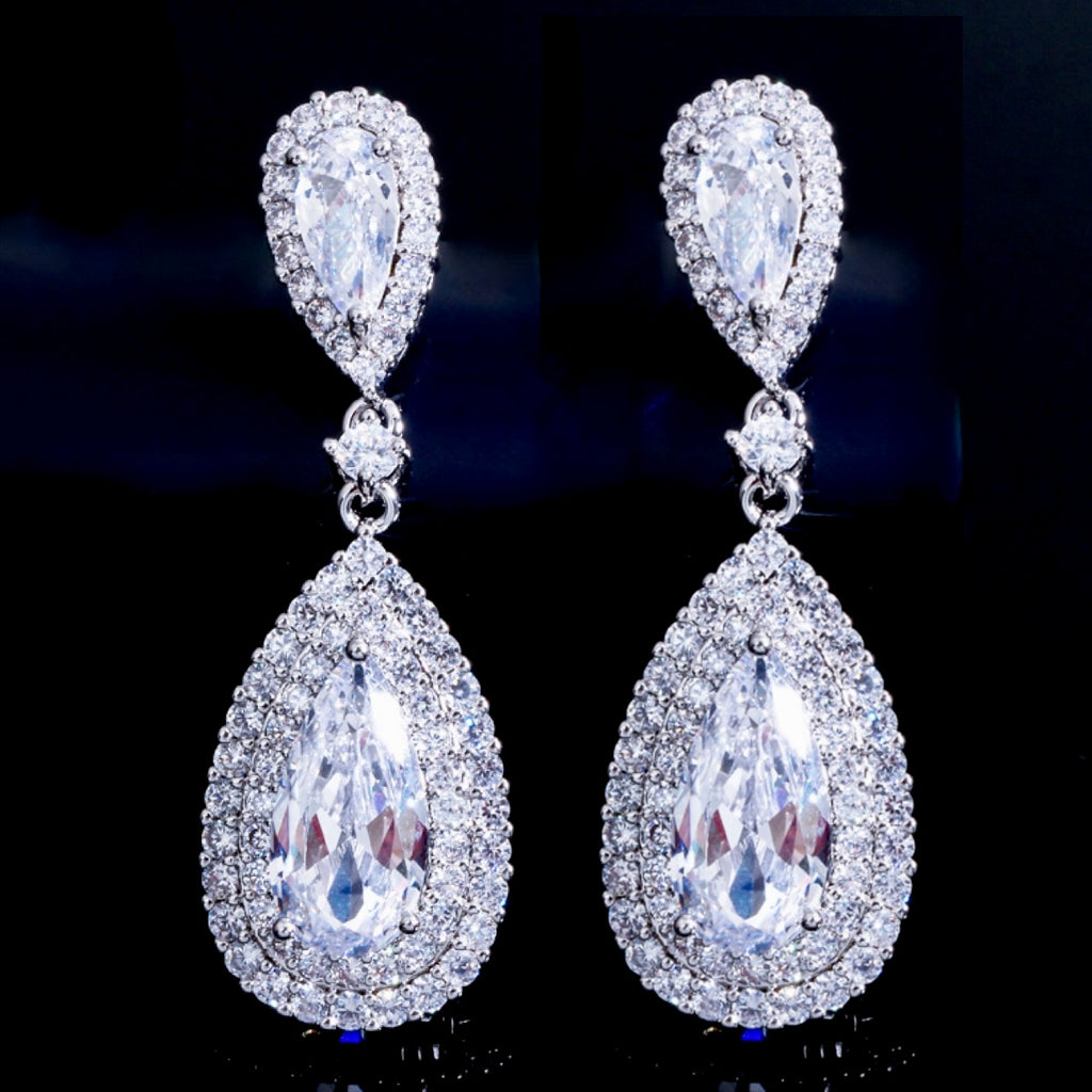 Teardrop Halo CZ Bridal Earrings - Clear, Blue & Red | Wedding Jewelry