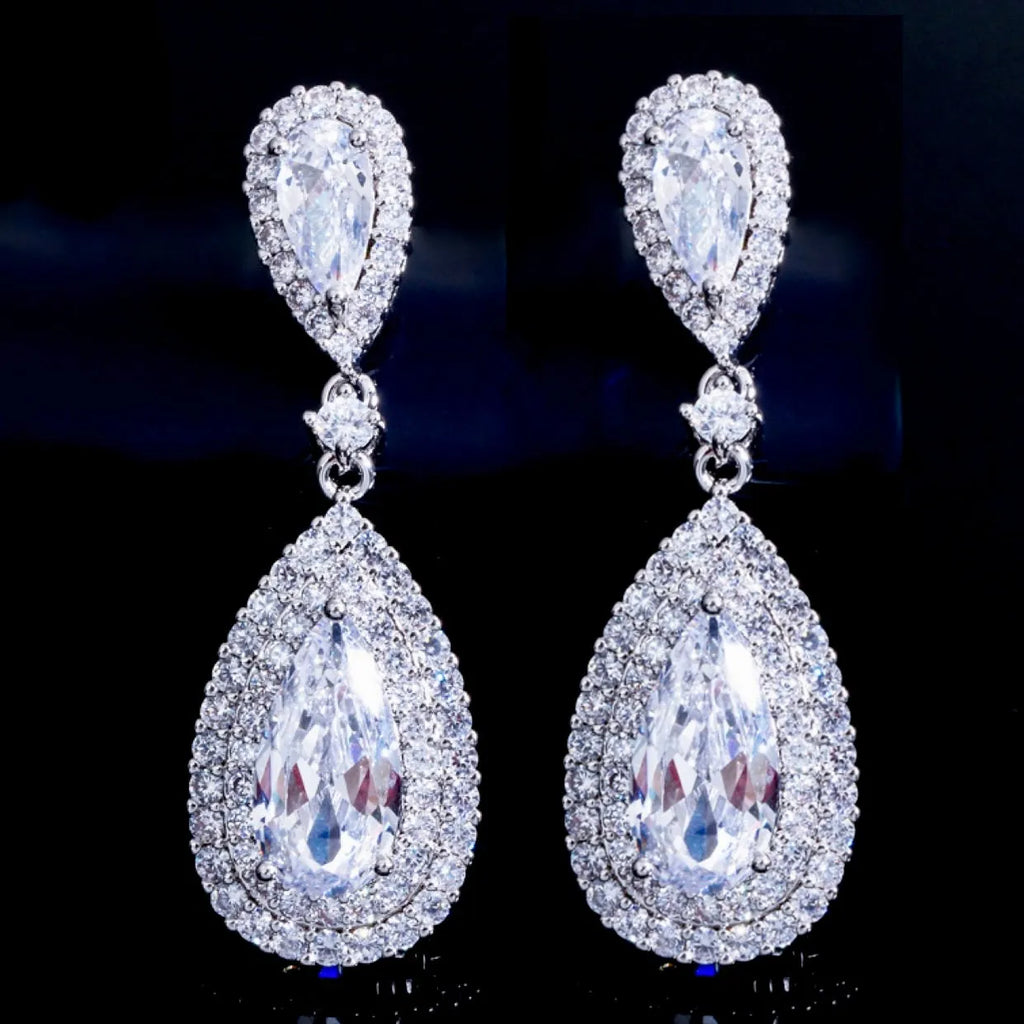Teardrop Halo CZ Bridal Earrings - Clear, Blue & Red | Wedding Jewelry