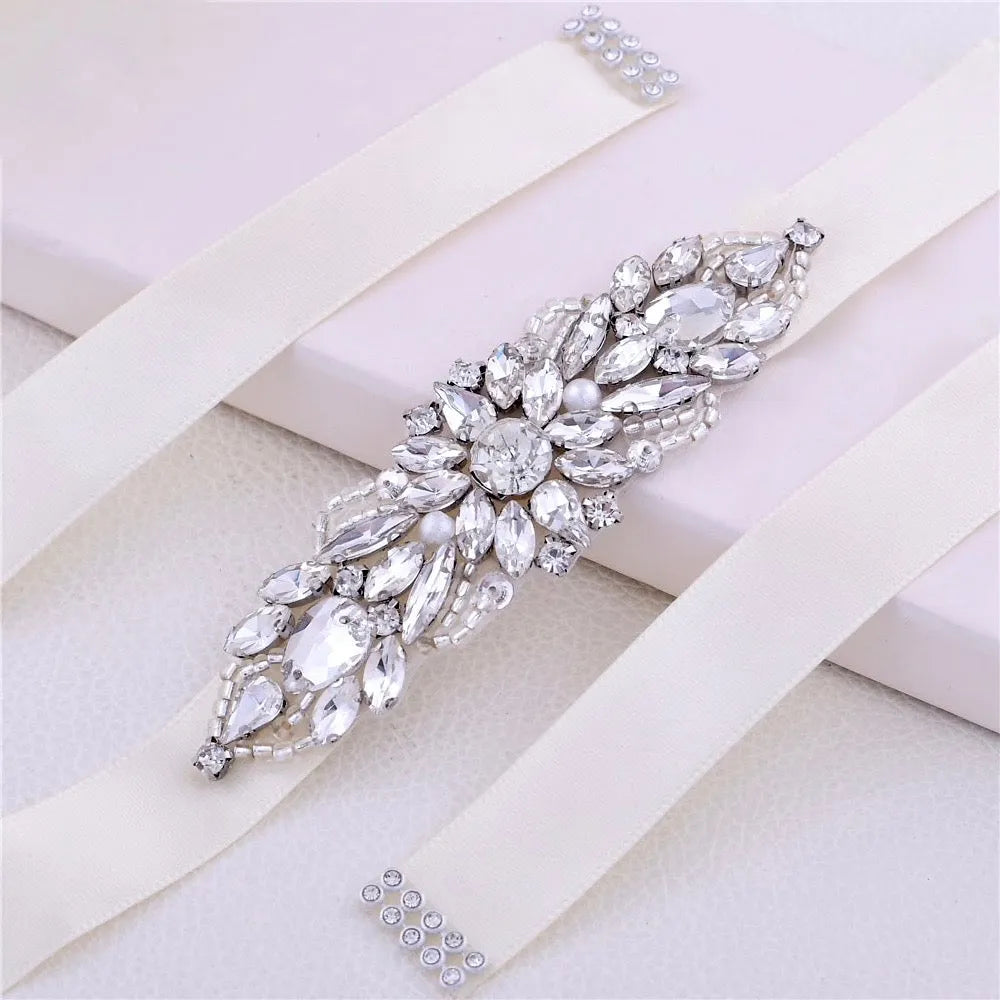 Wedding Accessories - Silver Pearl and Crystal Bridal Belt/Sash