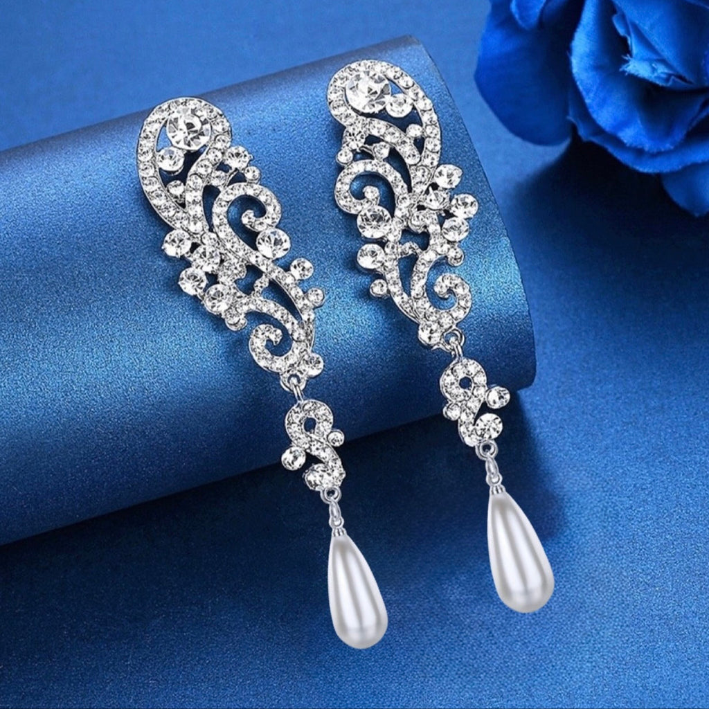 Wedding Jewelry - Silver Pearl and Crystal Bridal Earrings 'Eileen'