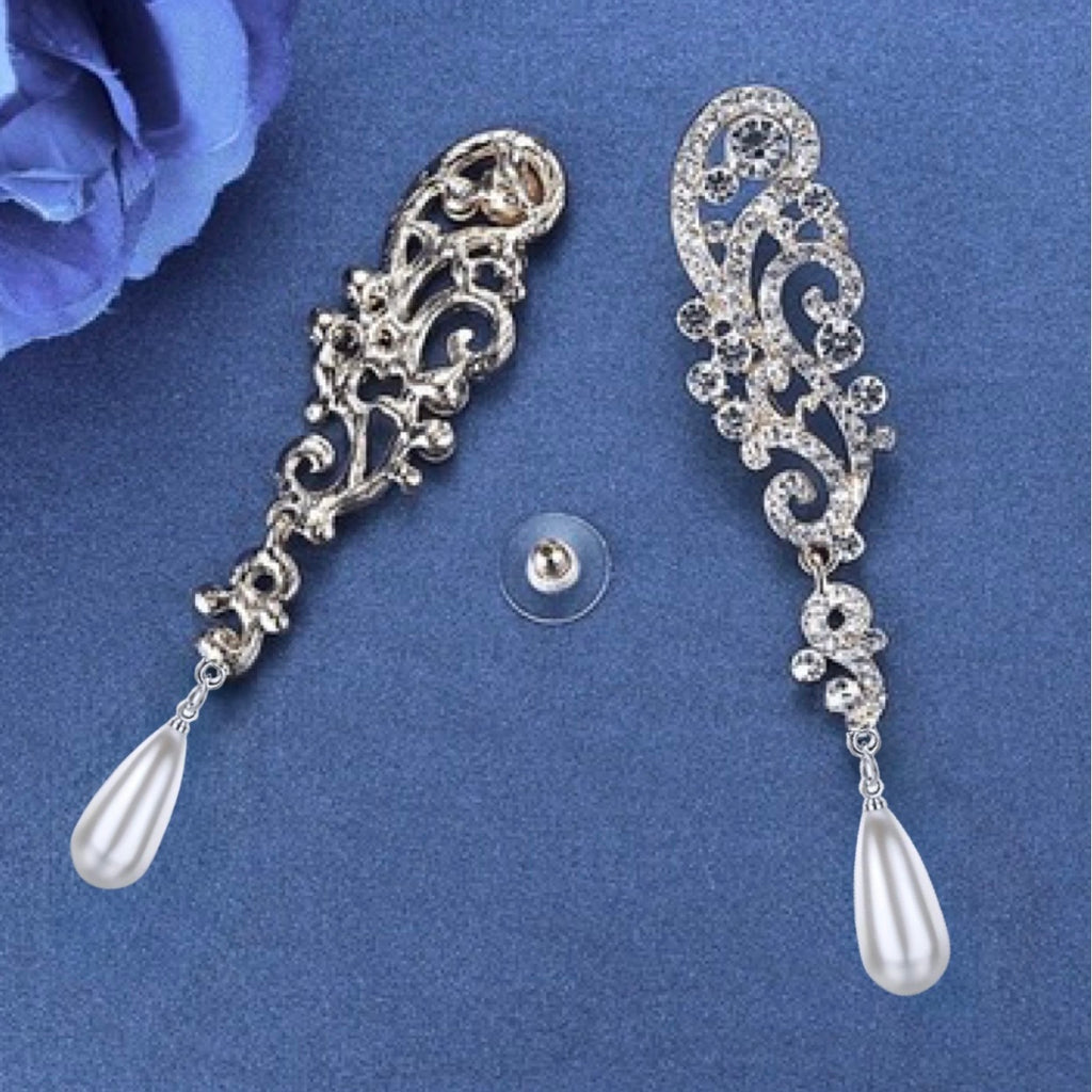 Wedding Jewelry - Silver Pearl and Crystal Bridal Earrings 'Eileen'