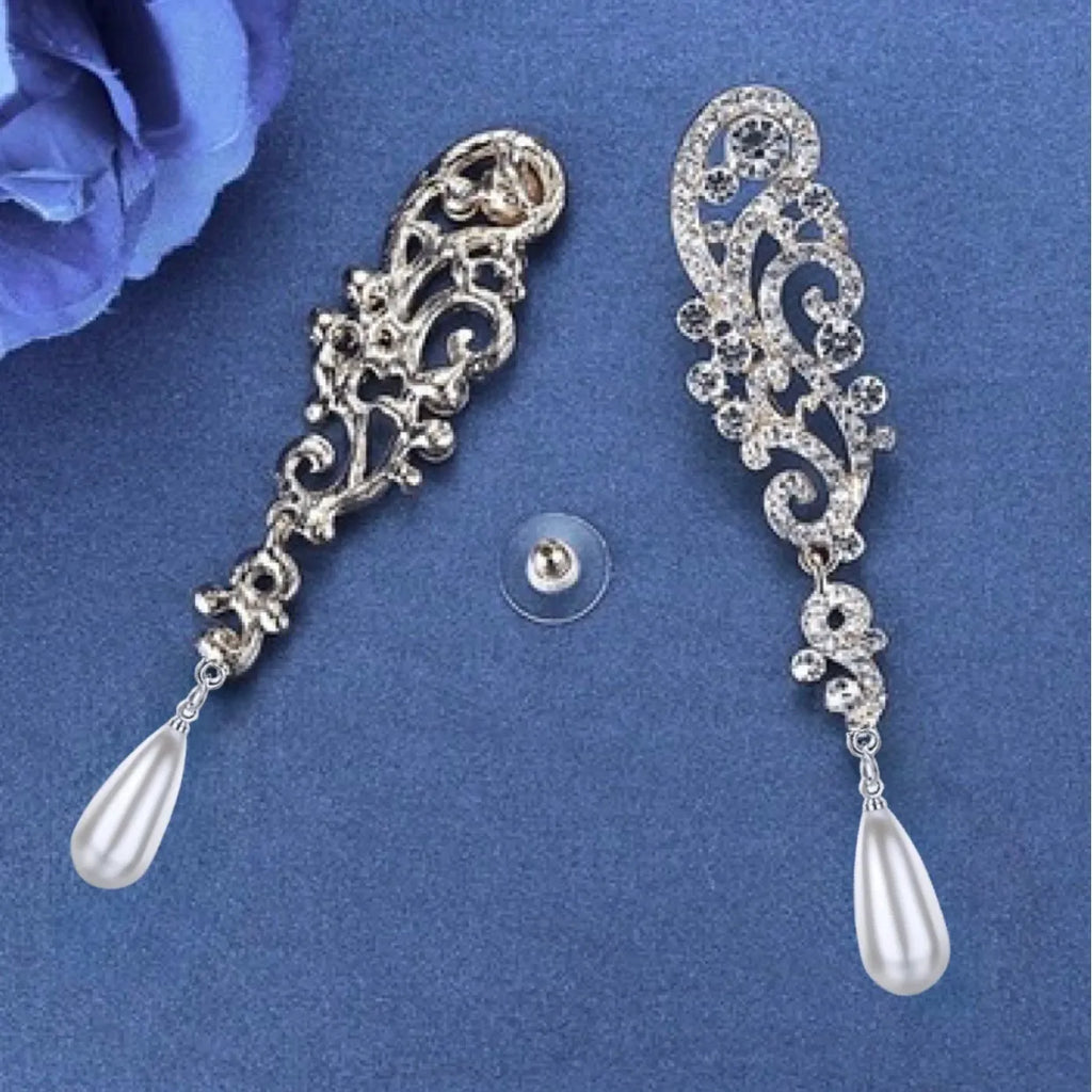 Wedding Jewelry - Silver Pearl and Crystal Bridal Earrings 'Eileen'