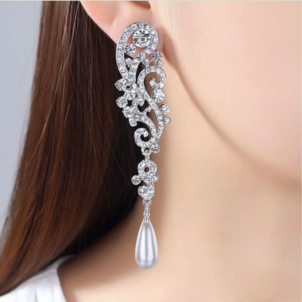 Wedding Jewelry - Silver Pearl and Crystal Bridal Earrings 'Eileen'