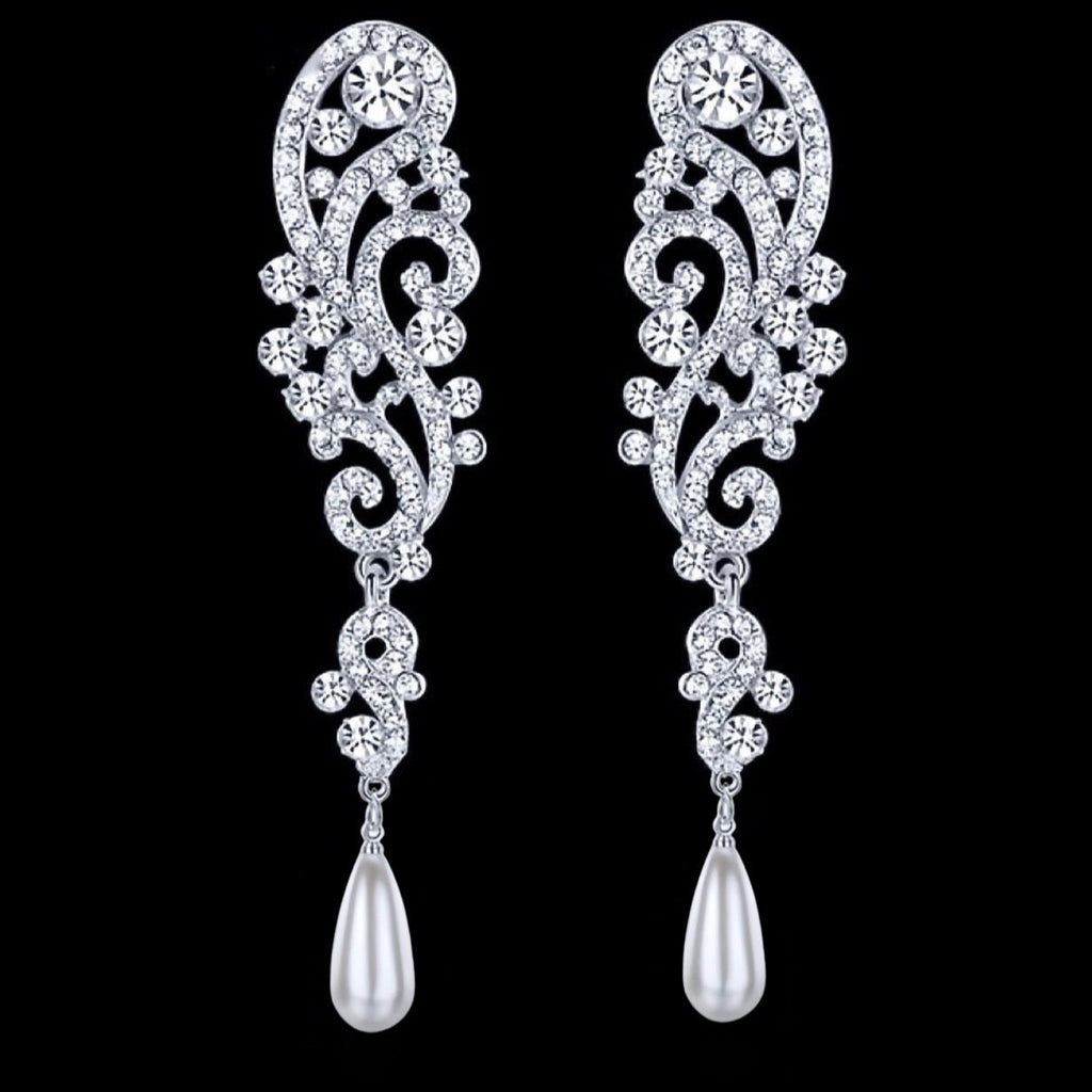 Wedding Jewelry - Silver Pearl and Crystal Bridal Earrings 'Eileen'