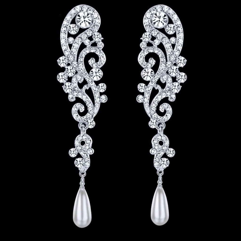 Wedding Jewelry - Silver Pearl and Crystal Bridal Earrings 'Eileen'