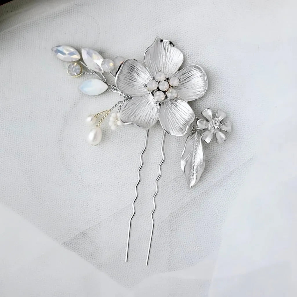 Wedding Hair Accessories -  Silver Opal Bridal Hair Pin Set