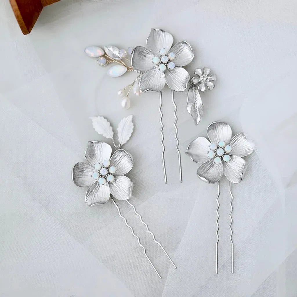 Wedding Hair Accessories -  Silver Opal Bridal Hair Pin Set