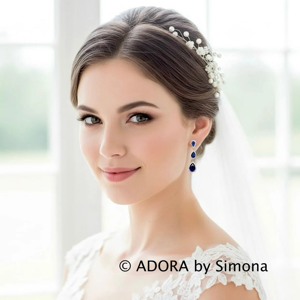Elegant Silver CZ Bridal Earrings | Blue & Black