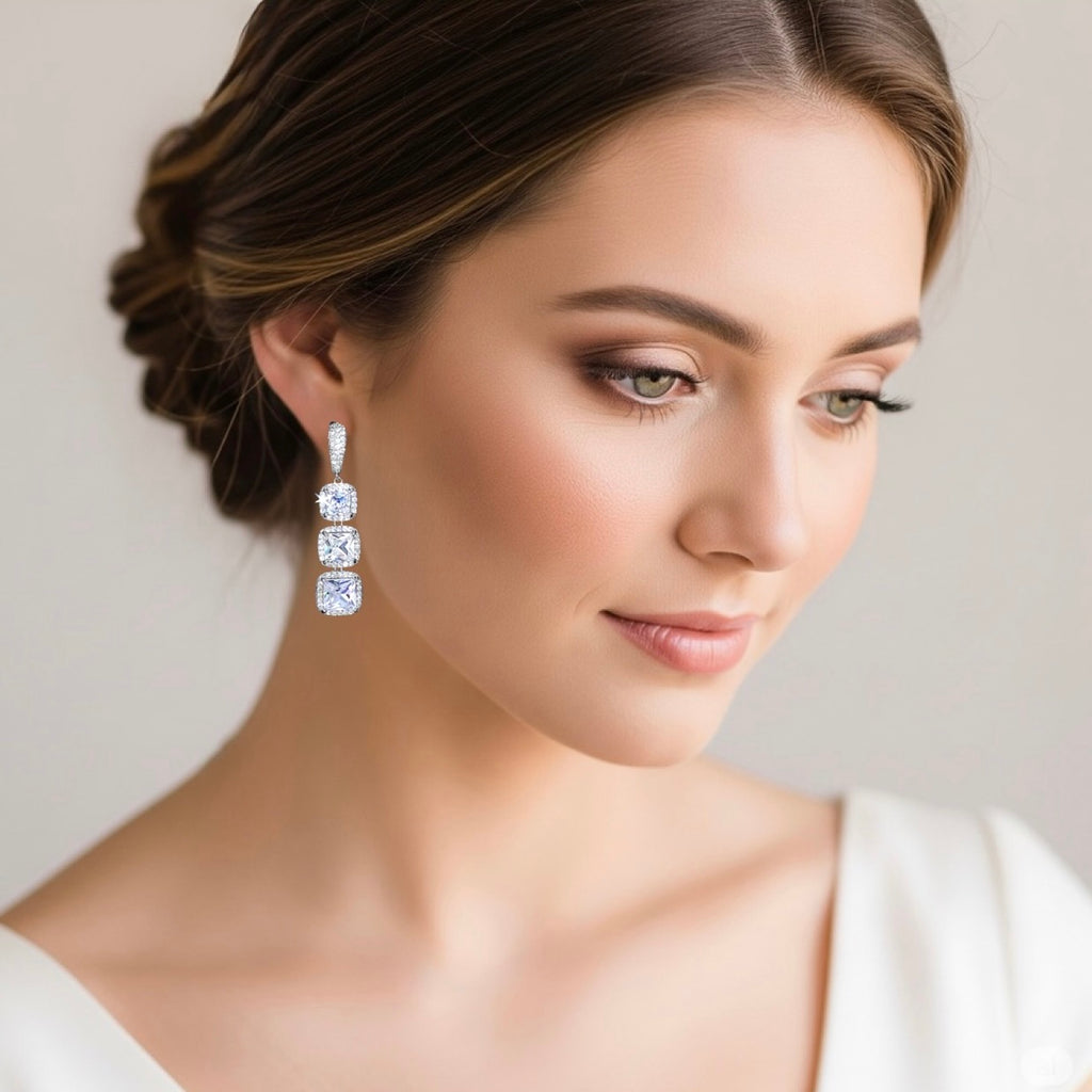 Wedding Jewelry - Geometric Cubic Zirconia Bridal Earrings