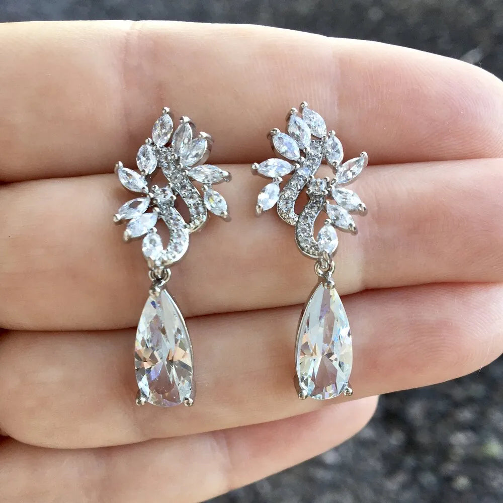 Wedding Jewelry - Silver Cubic Zirconia Bridal Earrings
