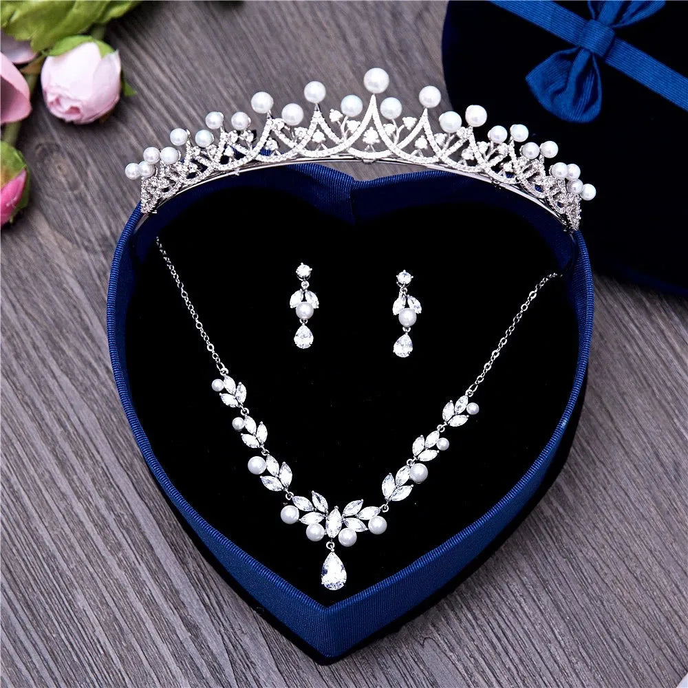 Silver Cubic Zirconia and Pearl 3-Piece Bridal Jewelry Set With Tiara