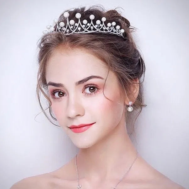 Silver Cubic Zirconia and Pearl 3-Piece Bridal Jewelry Set With Tiara