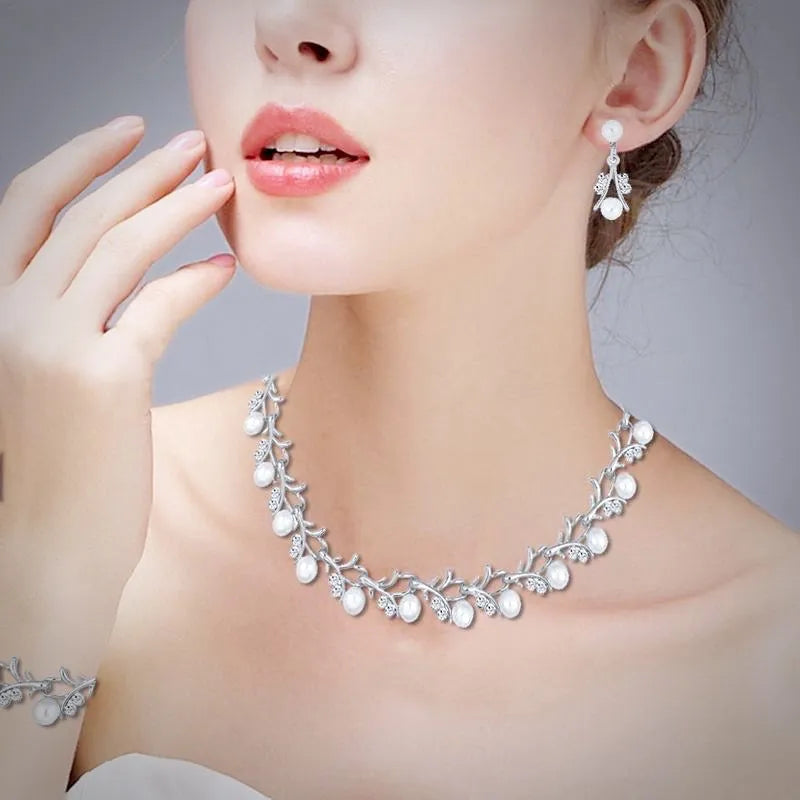Wedding Jewelry - Silver Cubic Zirconia and Pearl 3-Piece Bridal Jewelry Set With Tiara