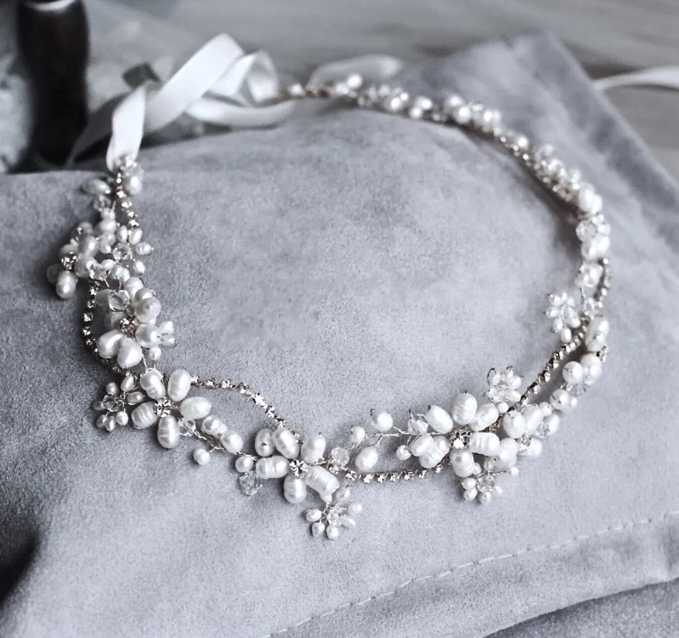 Wedding Hair Accessories - Silver Pearl and Crystal Bridal Headband/Vine
