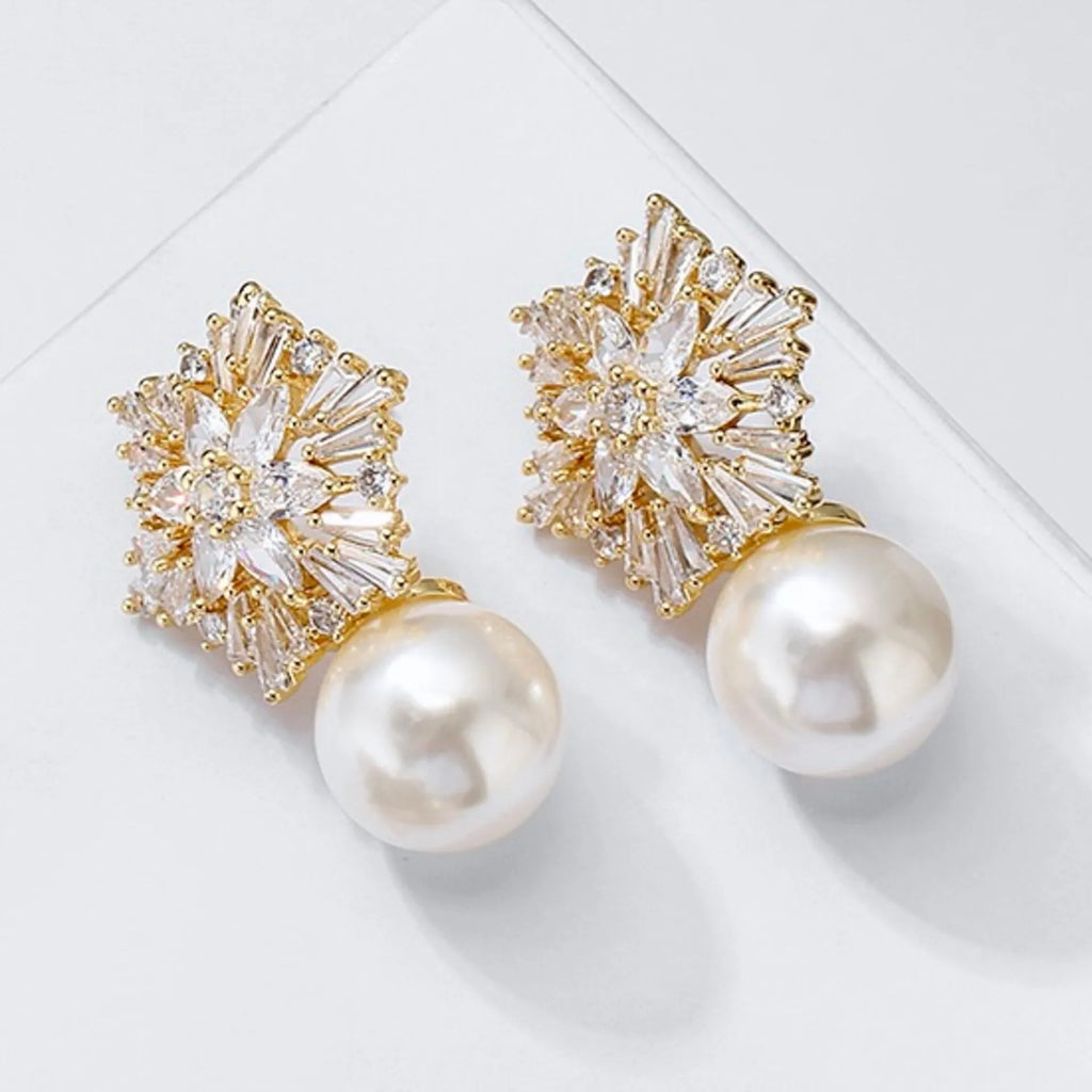 Wedding Jewelry - Pearl and Cubic Zirconia Snowflake Bridal Earrings - More Colors