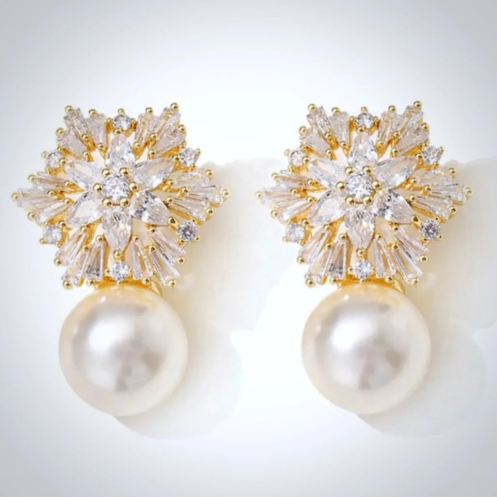 Wedding Jewelry - Pearl and Cubic Zirconia Snowflake Bridal Earrings - More Colors