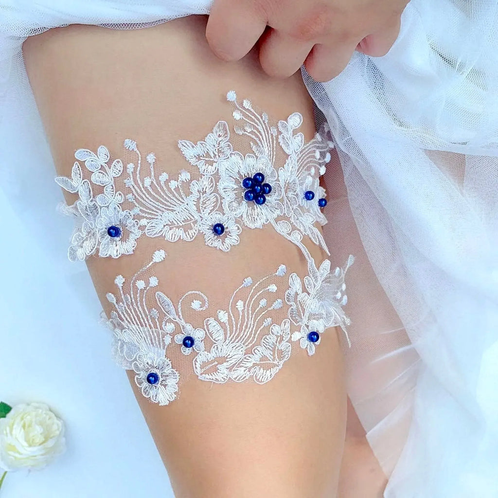 Wedding Accessories - Lace and Pearl Bridal Garter Set