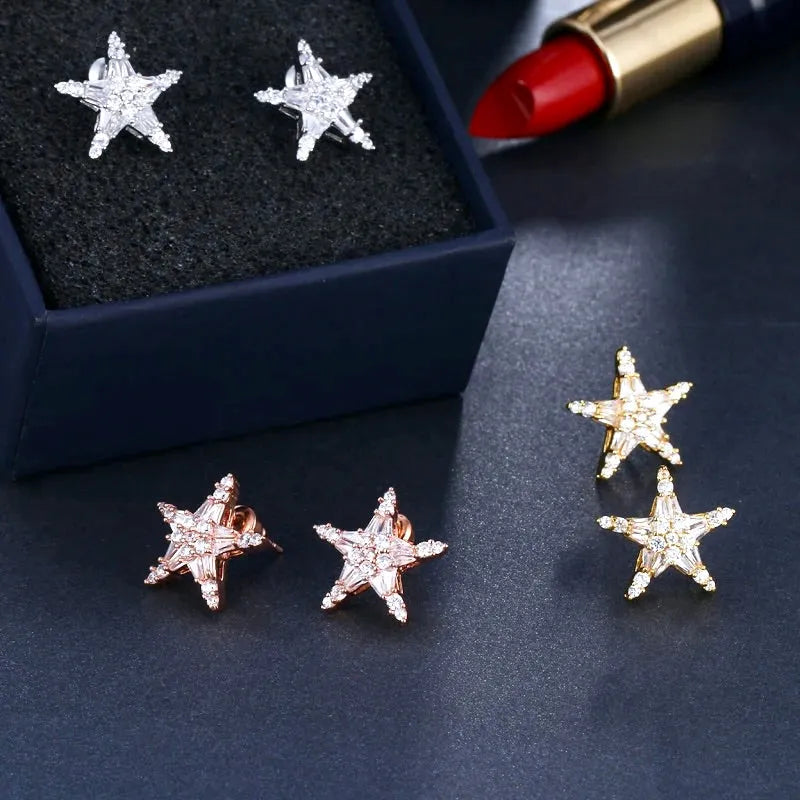Wedding Jewelry - Cubic Zirconia Star Bridal Earrings - Available in Silver, Rose Gold and Yellow Gold