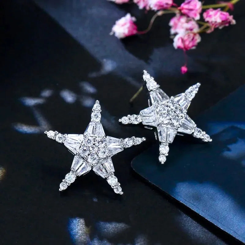 Wedding Jewelry - Cubic Zirconia Star Bridal Earrings - Available in Silver, Rose Gold and Yellow Gold