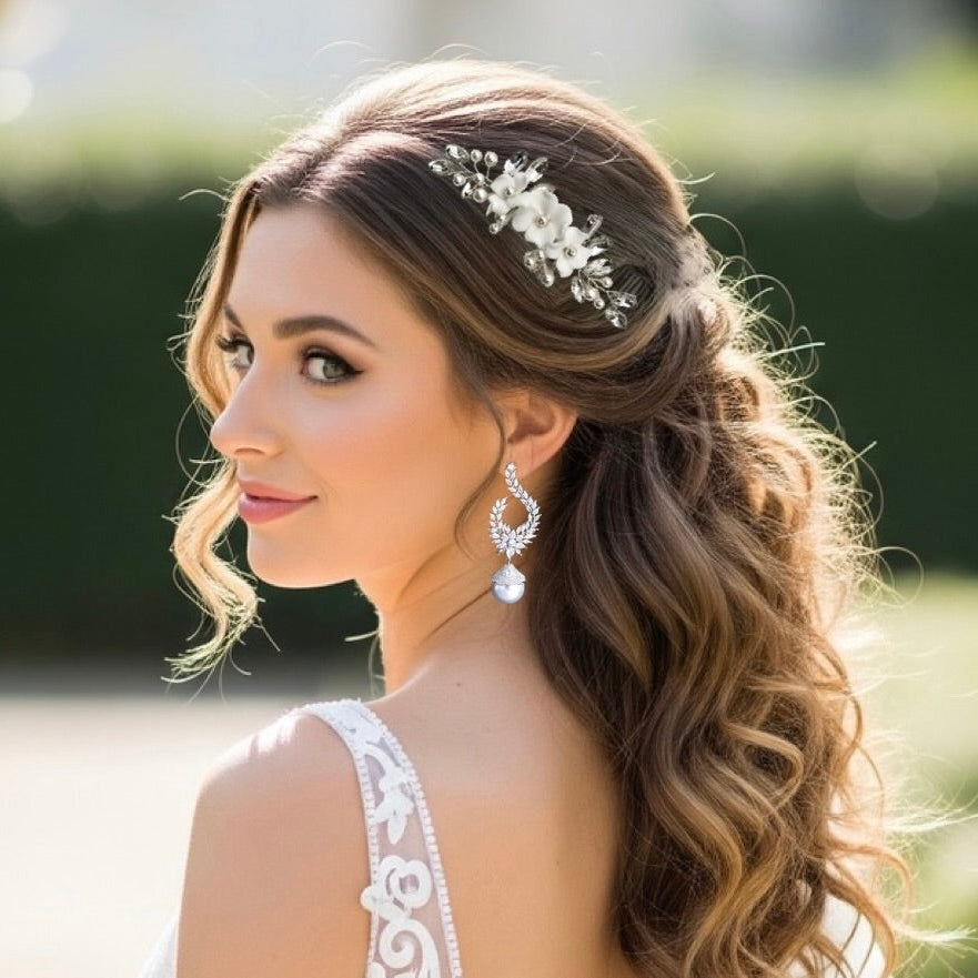 Wedding Jewelry - Pearl and Blue Cubic Zirconia Bridal Earrings