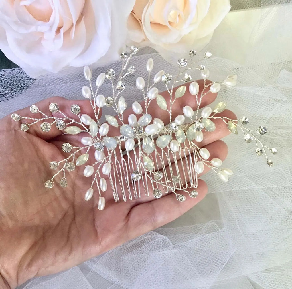 Wedding Hair Accessories -  Swarovski Opal and Pearl Bridal Hair Comb