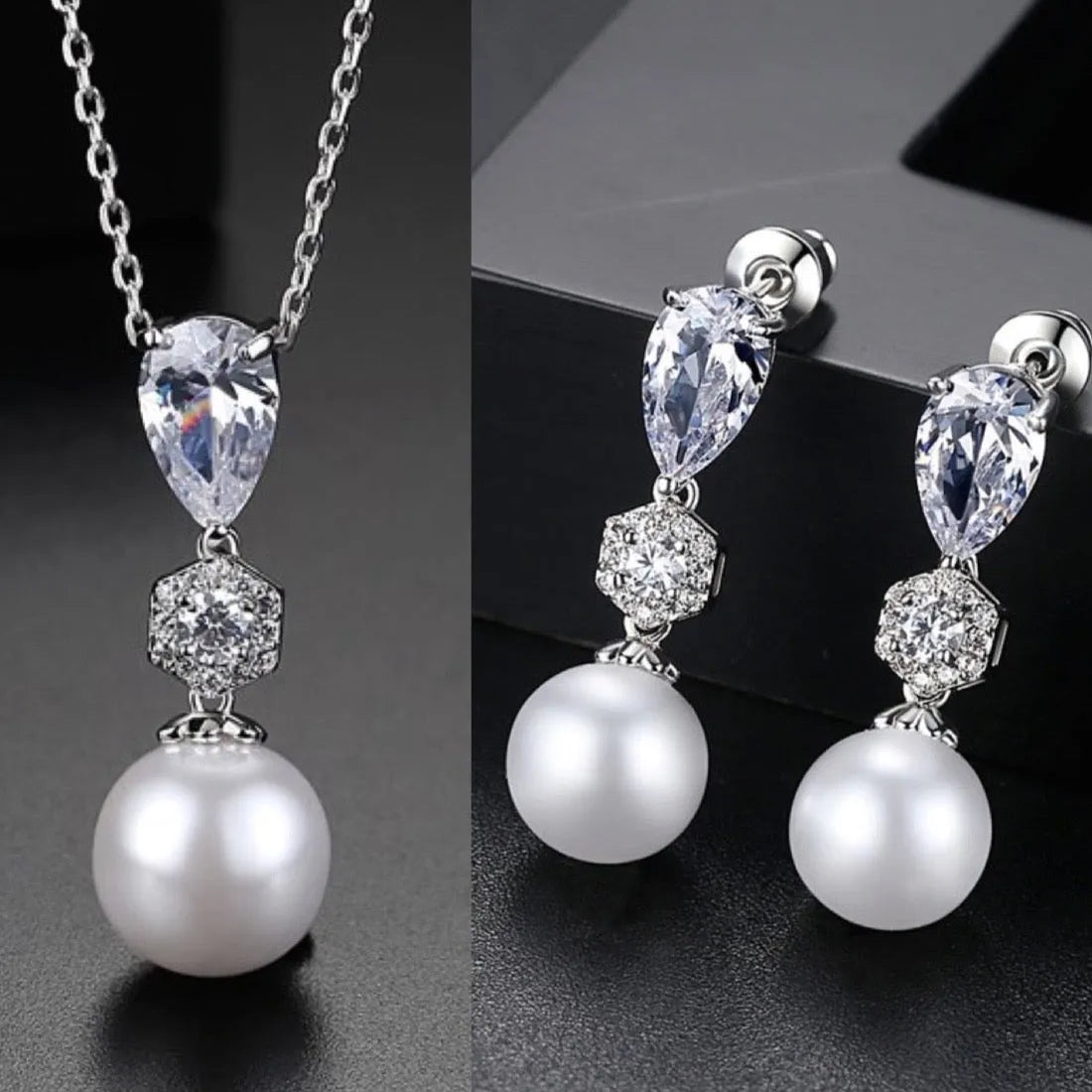 Marissa Pearl & CZ Bridal Jewelry Set with Necklace & Earrings