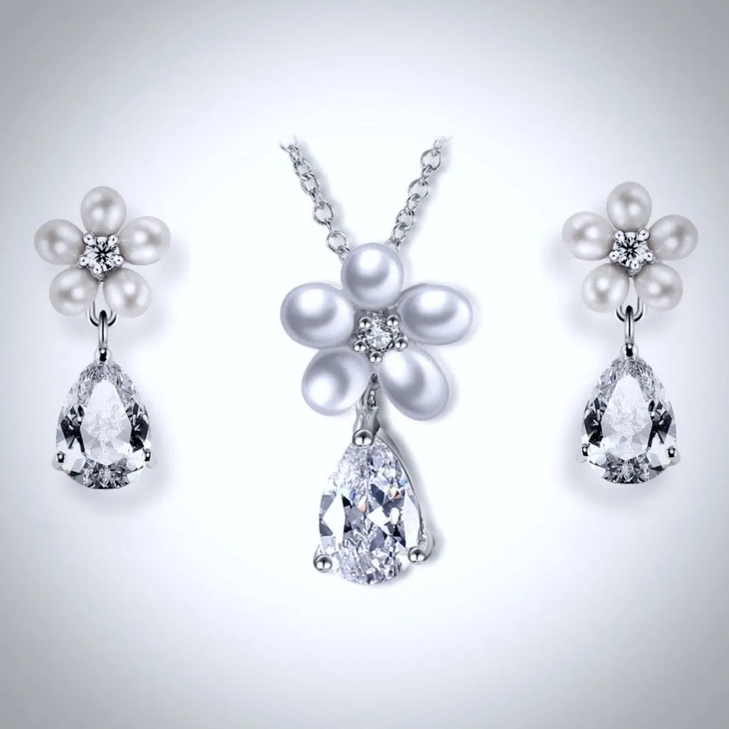 Wedding Jewelry - Pearl and Cubic Zirconia Bridal Necklace and Earrings Set