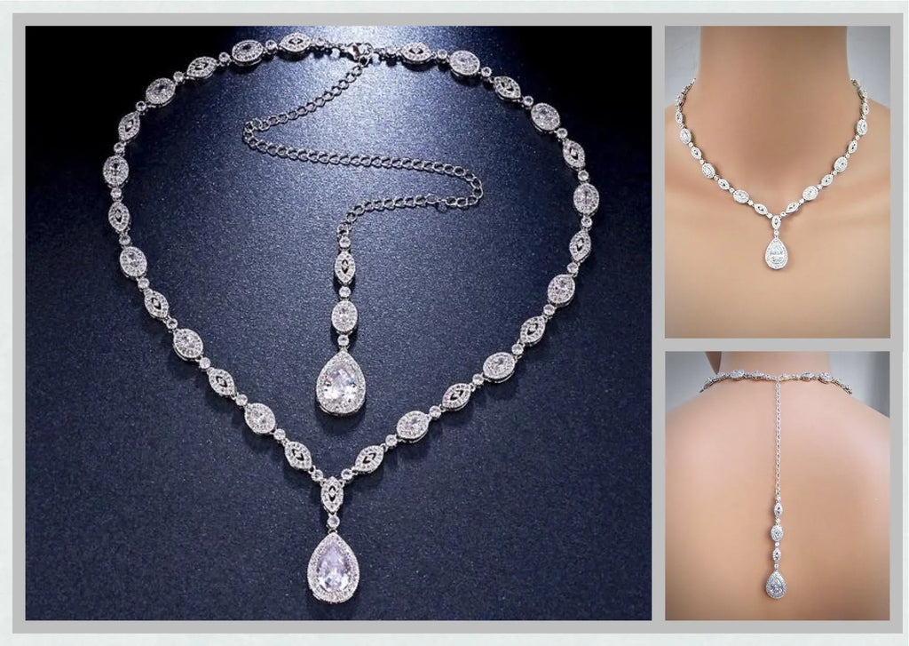 Wedding Jewelry - Cubic Zirconia Bridal Backdrop Necklace - Available in Rose Gold and Silver 