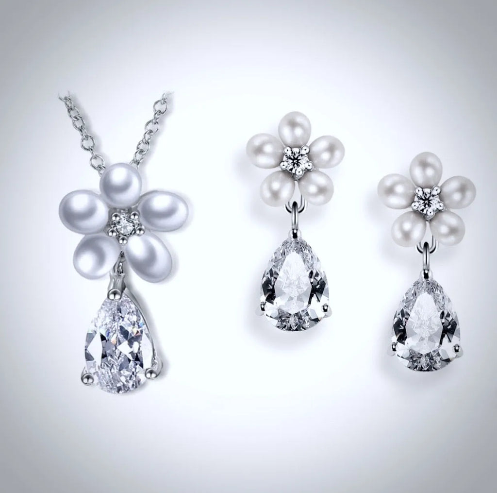 Wedding Jewelry - Pearl and Cubic Zirconia Bridal Necklace and Earrings Set