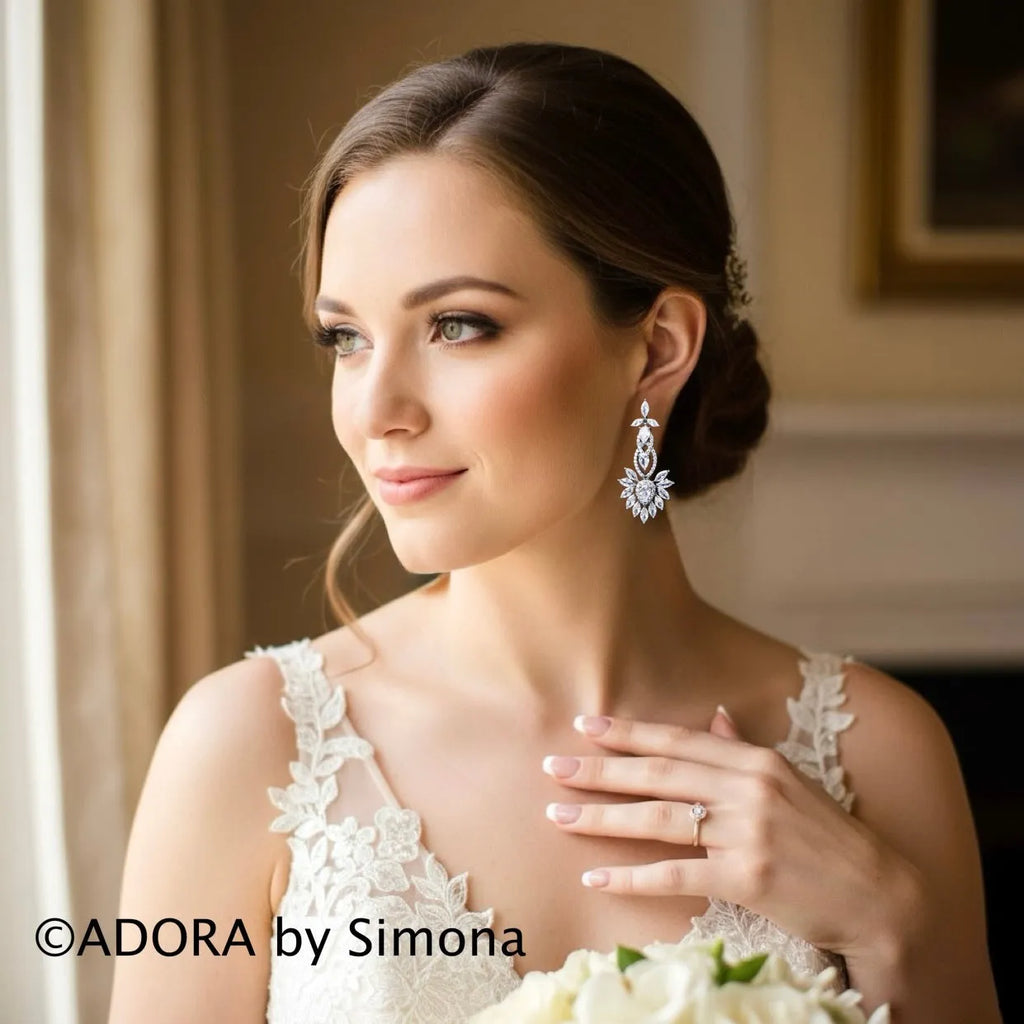 Wedding Jewelry - Silver Cubic Zirconia Bridal Earrings