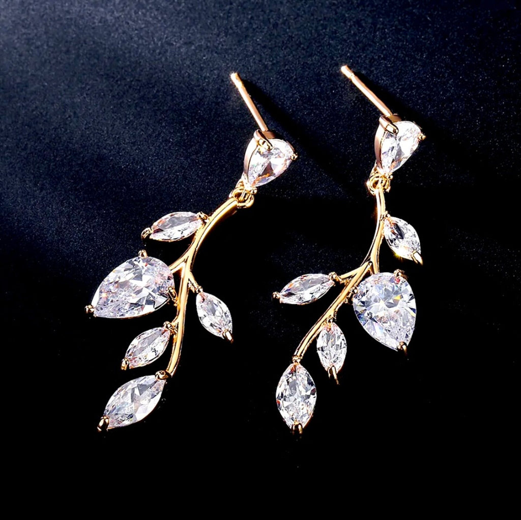Wedding Jewelry - Cubic Zirconia Vine Bridal Earrings - Available in Gold and Silver