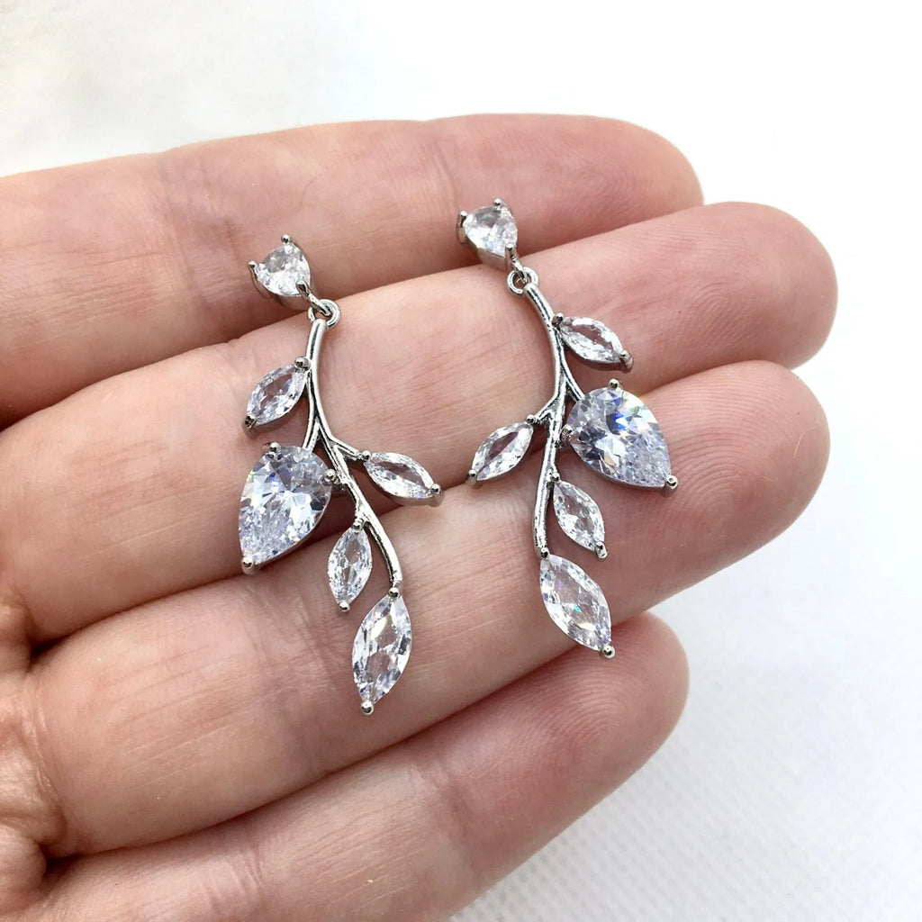 Wedding Jewelry - Cubic Zirconia Vine Bridal Earrings - Available in Gold and Silver