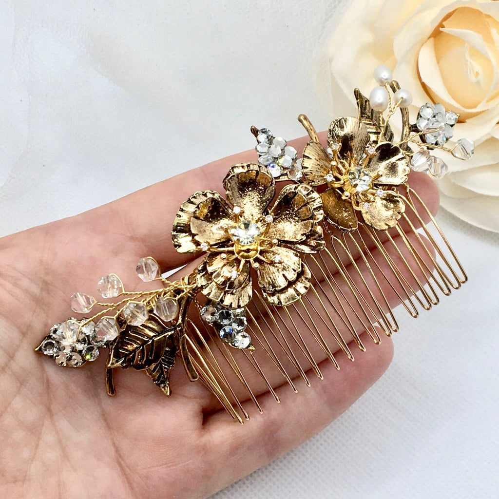 Wedding Pearl Jewelry - Vintage Gold Bridal Hair Comb
