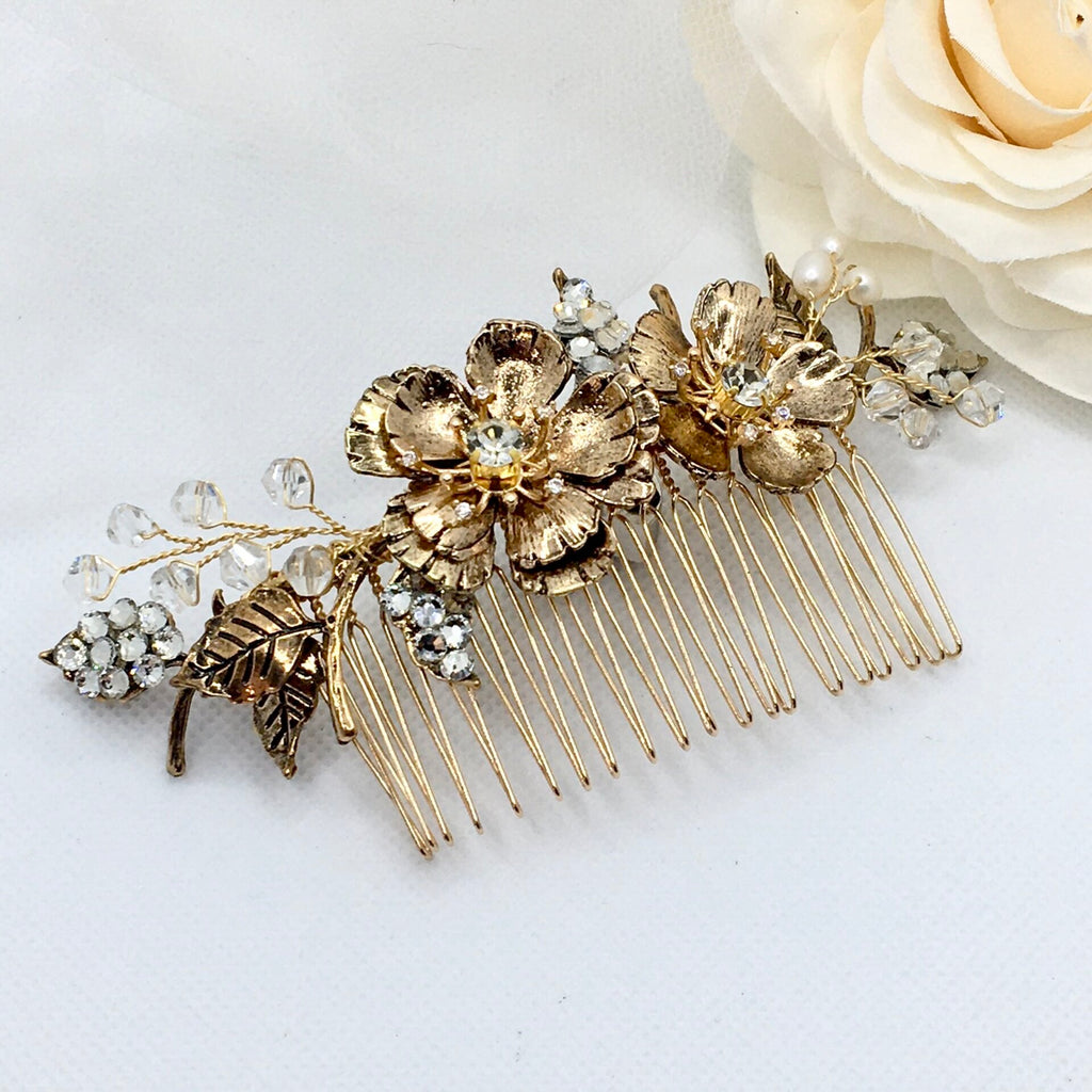 Wedding Pearl Jewelry - Vintage Gold Bridal Hair Comb