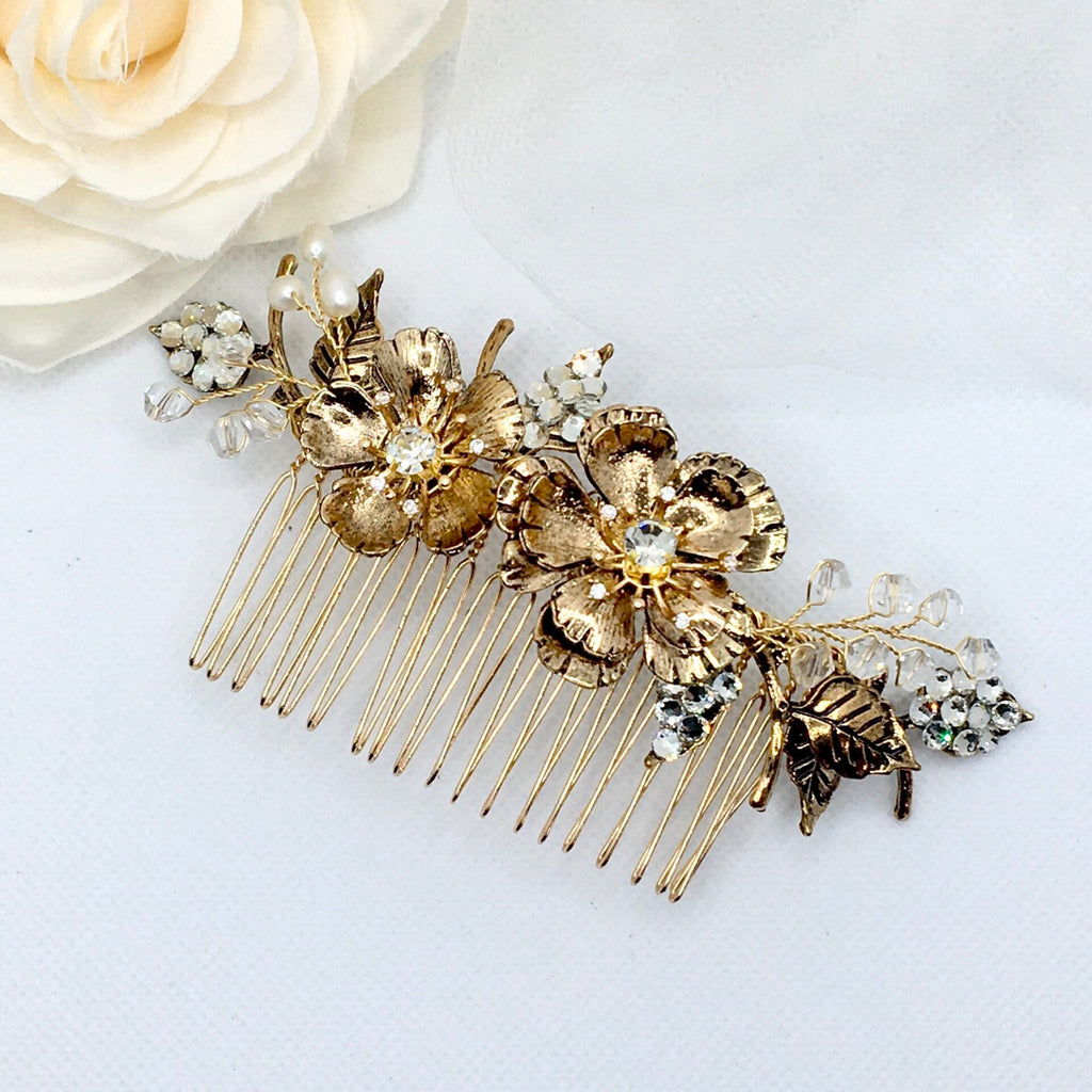 Wedding Pearl Jewelry - Vintage Gold Bridal Hair Comb