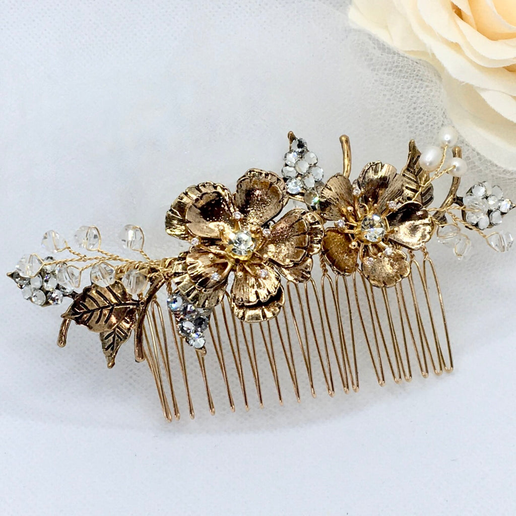 Wedding Pearl Jewelry - Vintage Gold Bridal Hair Comb