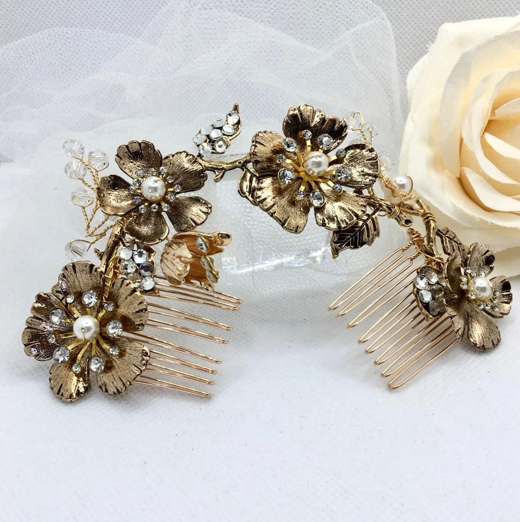 Wedding Pearl Jewelry - Vintage Gold Bridal Hair Comb / Vine