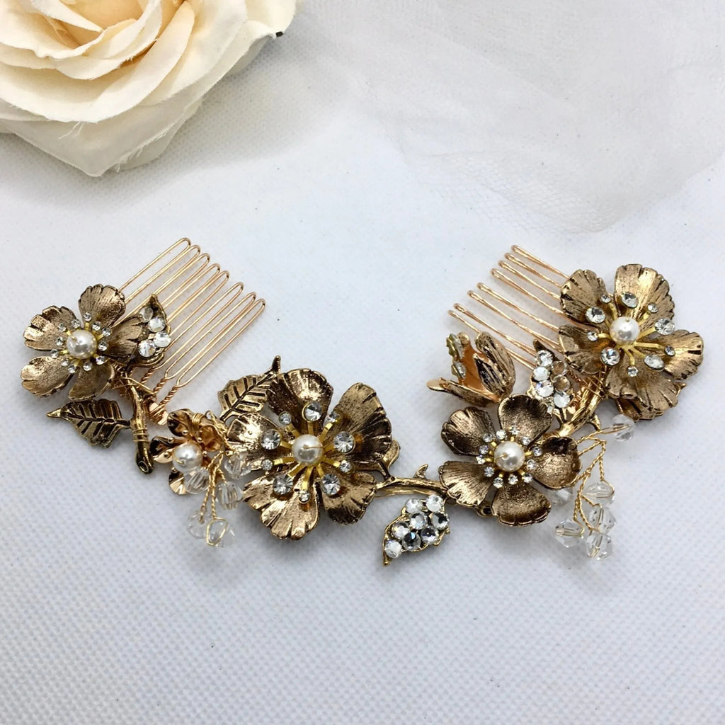 Wedding Pearl Jewelry - Vintage Gold Bridal Hair Comb / Vine
