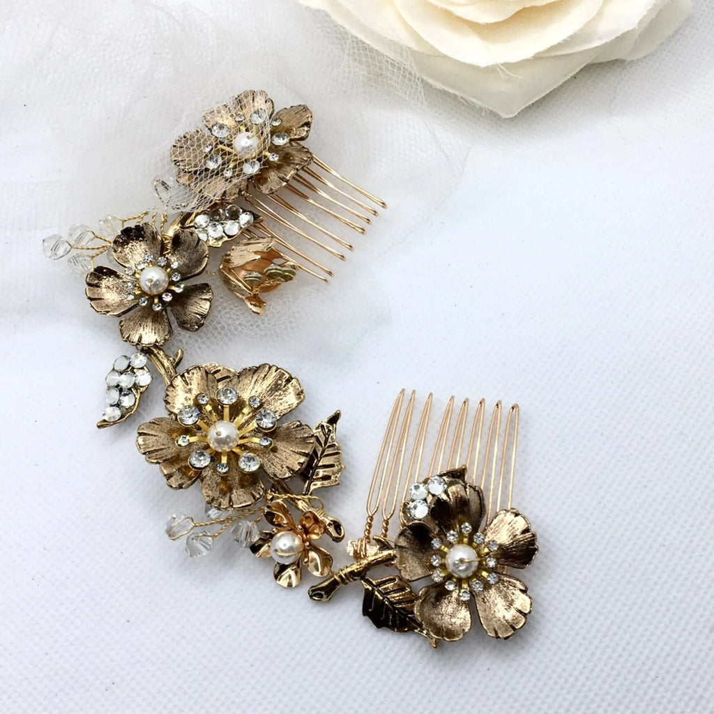 Wedding Pearl Jewelry - Vintage Gold Bridal Hair Comb / Vine
