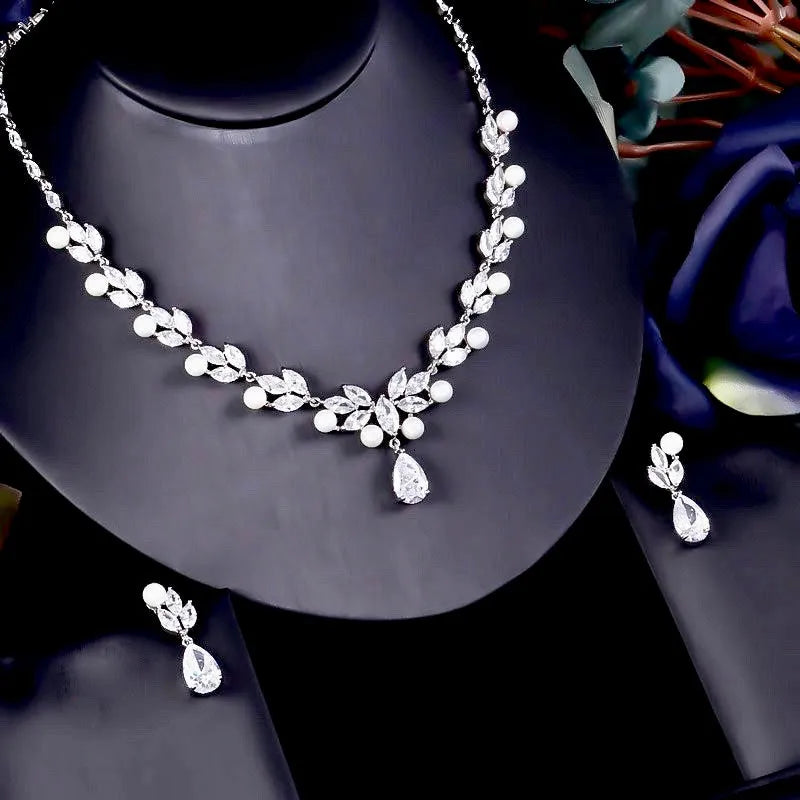 Pearl Wedding Jewelry - Pearl and Cubic Zirconia Bridal Necklace and Jewelry Set