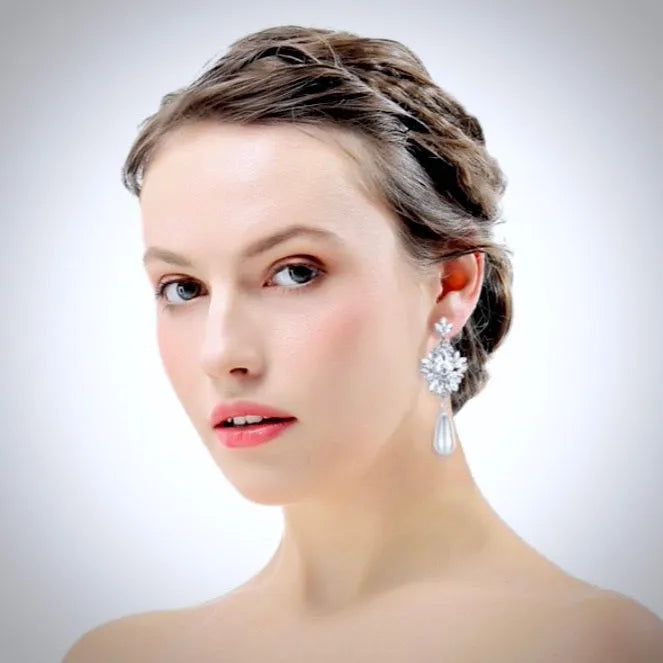 Wedding Jewelry - Silver Pearl and Crystal Bridal Earrings