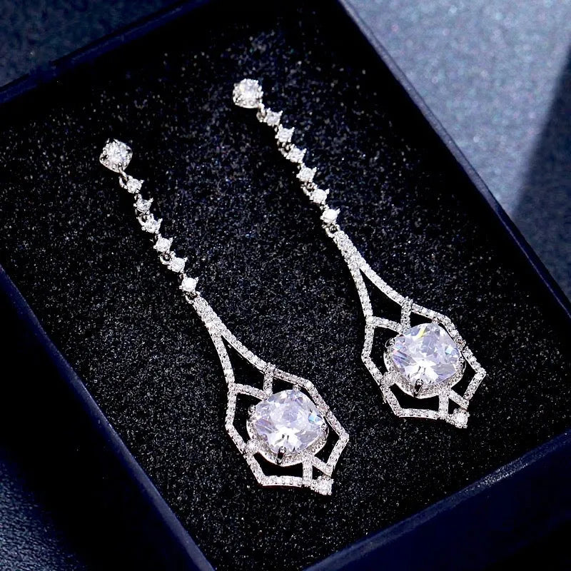 Wedding Jewelry - Silver Cubic Zirconia Bridal Earrings