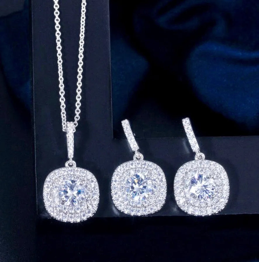 Wedding Jewelry - Silver Cubic Zirconia Bridal Three-Piece Jewelry Set