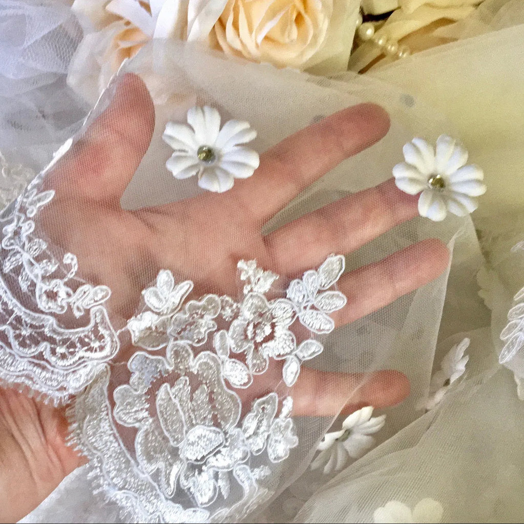 Wedding Veils - Bridal Lace and 3D Flowers Mantilla Veil - Cathedral Length