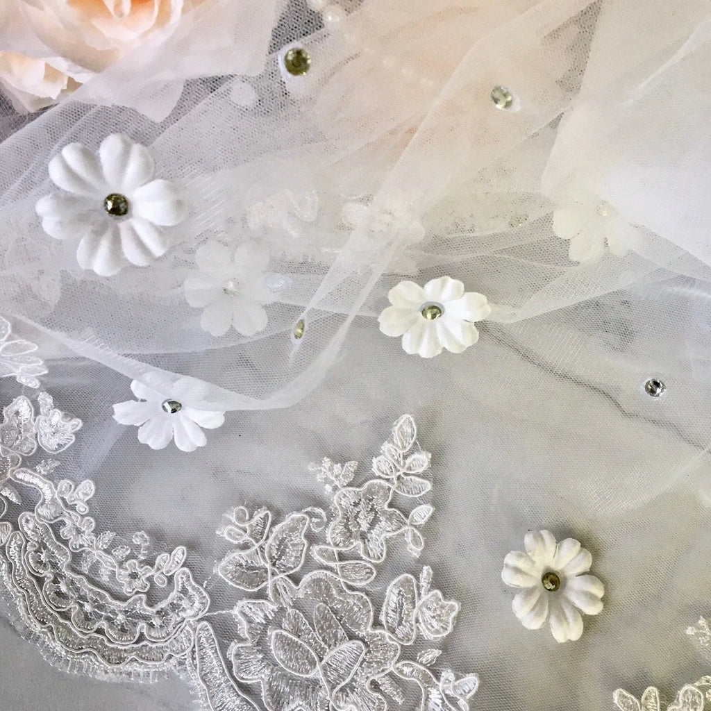Wedding Veils - Bridal Lace and 3D Flowers Mantilla Veil - Cathedral Length