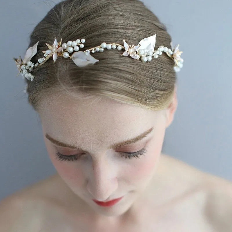 Wedding Hair Accessories - Gold Pearl and Crystal Bridal Headband