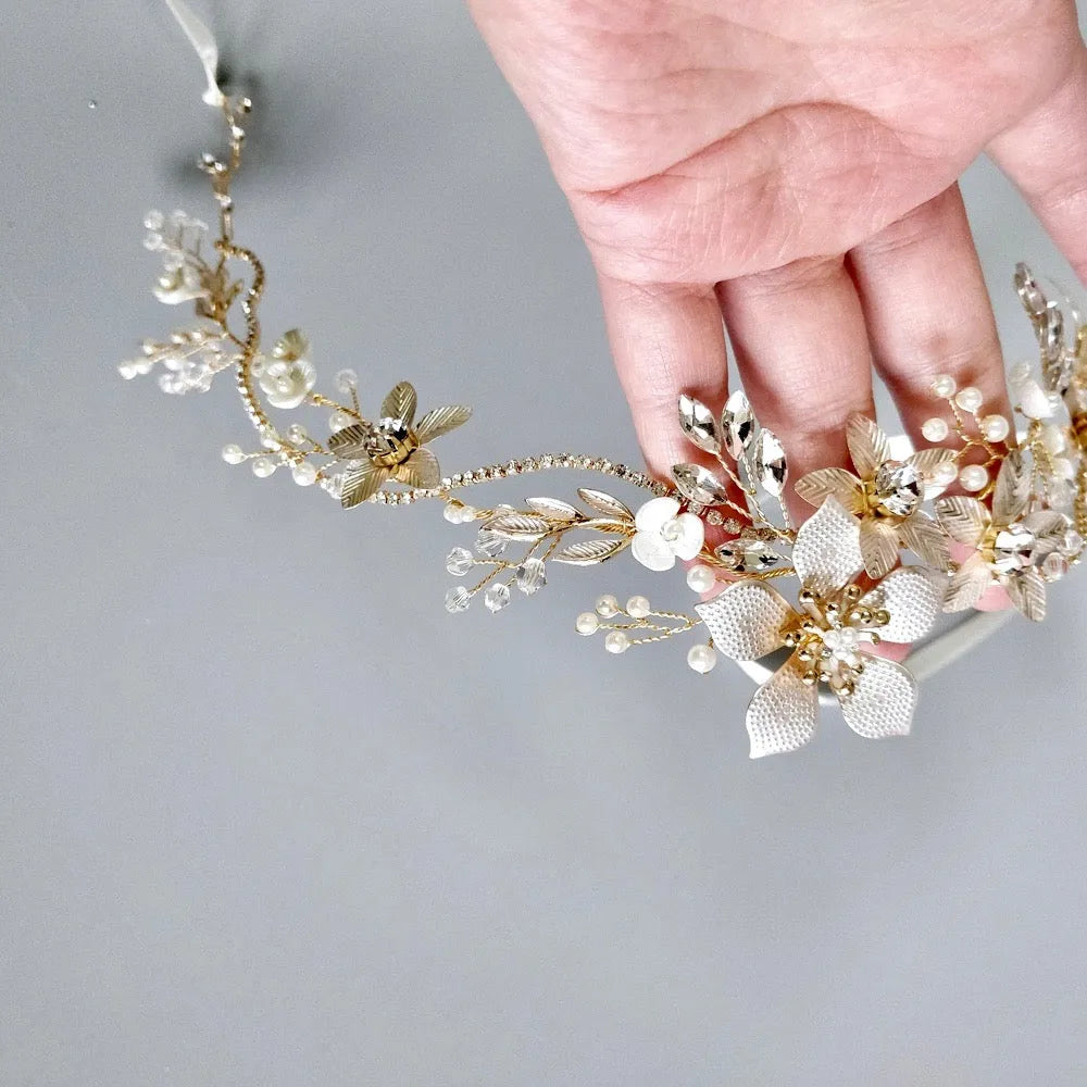Wedding Hair Accessories - Gold Pearl and Crystal Bridal Headband