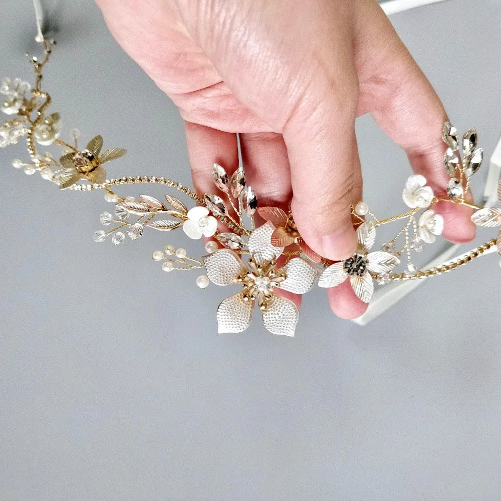 Wedding Hair Accessories - Gold Pearl and Crystal Bridal Headband